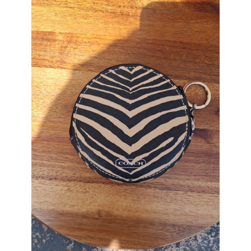 Coach Round Coin Purse w/Key Chain - Zebra Print Black/Beige